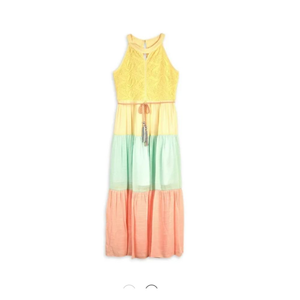 Amy Byer Girls Halter Neck Mixed Media Colorblock Maxi With Belt - Size 14